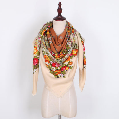 Russian Women Big Size Square Scarf Luxury Floral Print Bandana Wraps Female Retro Short Tassel National Shawl
