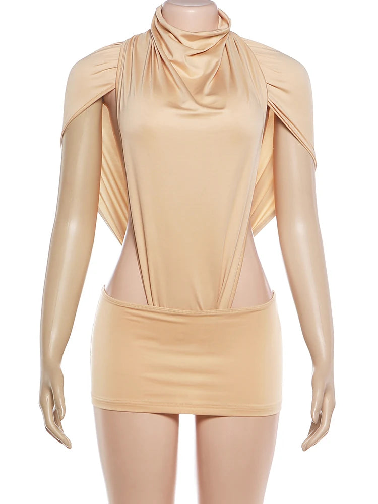 Kliou Sexy Fashion 2 Piece Set Woman Ruched Turtleneck Side Hollow Design Bodysuits+Skinny Mini Skirts Hot Girls Wild Style Suit