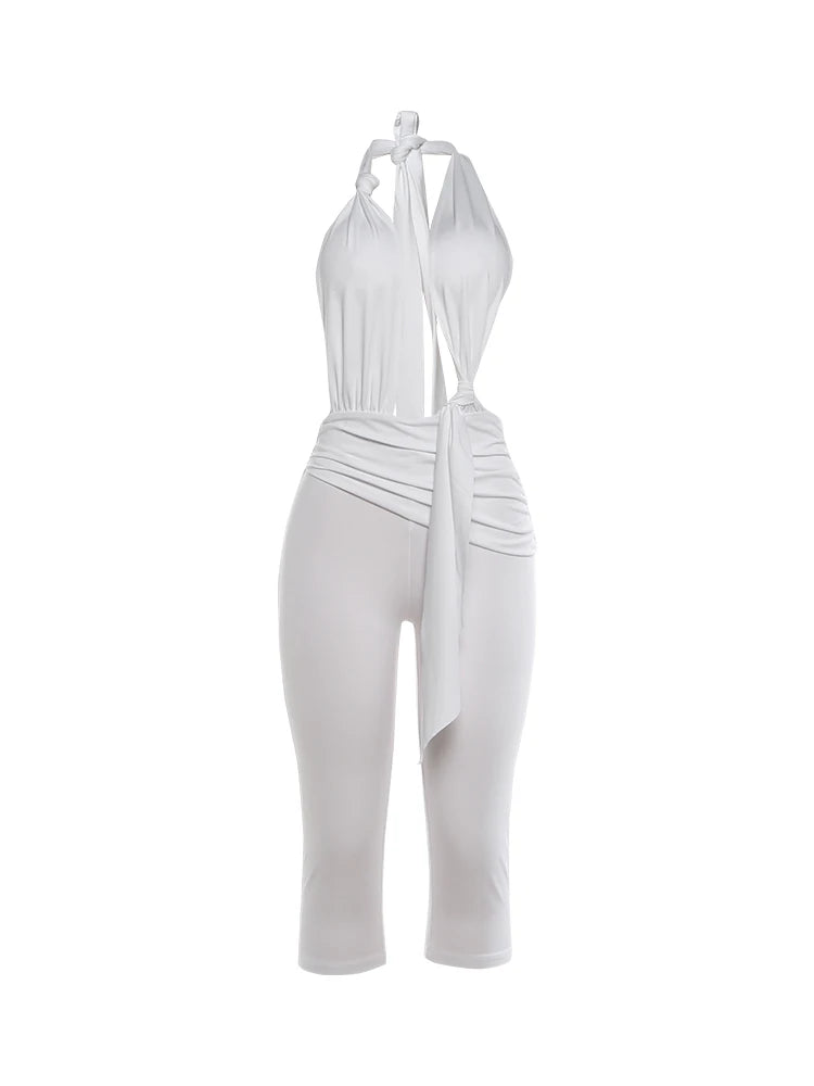 Weird Puss Knot Design Jumpsuit Woman Bandage Halter Deep V-Neck Backless Sleeveless Skinny Peach Hip Street Sexy Fashion Romper