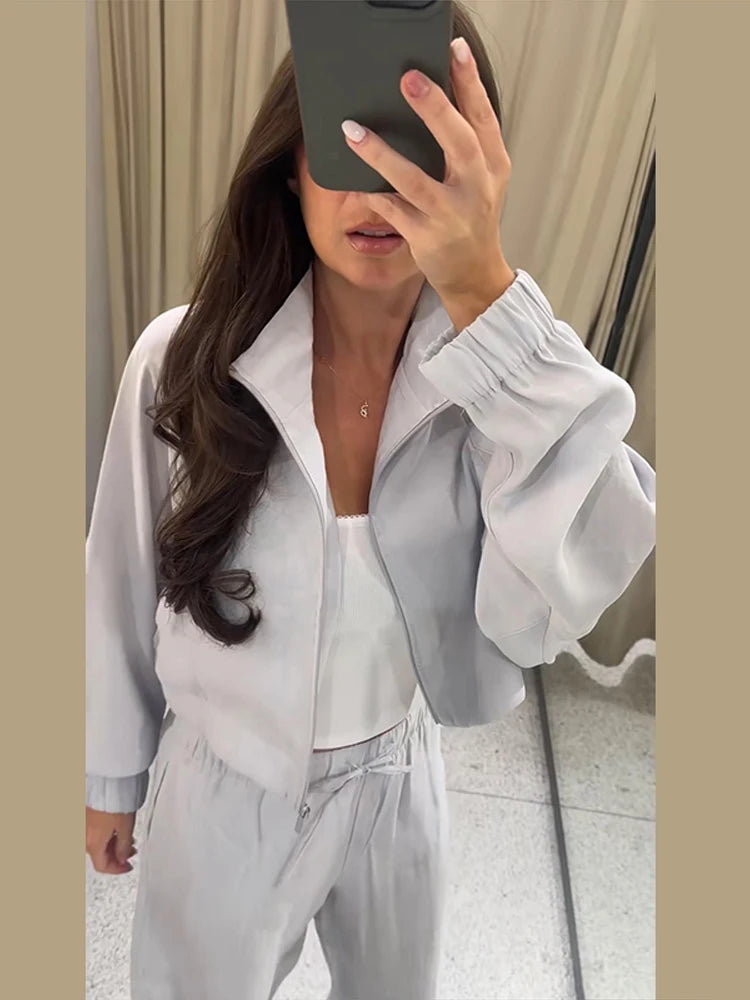 Stand Collar Thin Cropped Coats Pants Suits Women Street Lantern Long Sleeve Zipper Loose Tops Drawstring Wide Leg Trousers Sets
