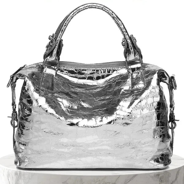 Real Leather Shiny Tote Handbags For Women Fashion Genuine Cowhide Leather Metallic Lady Bags With Shiny Embossed Coating