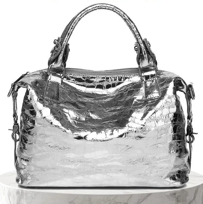 Real Leather Shiny Tote Handbags For Women Fashion Genuine Cowhide Leather Metallic Lady Bags With Shiny Embossed Coating