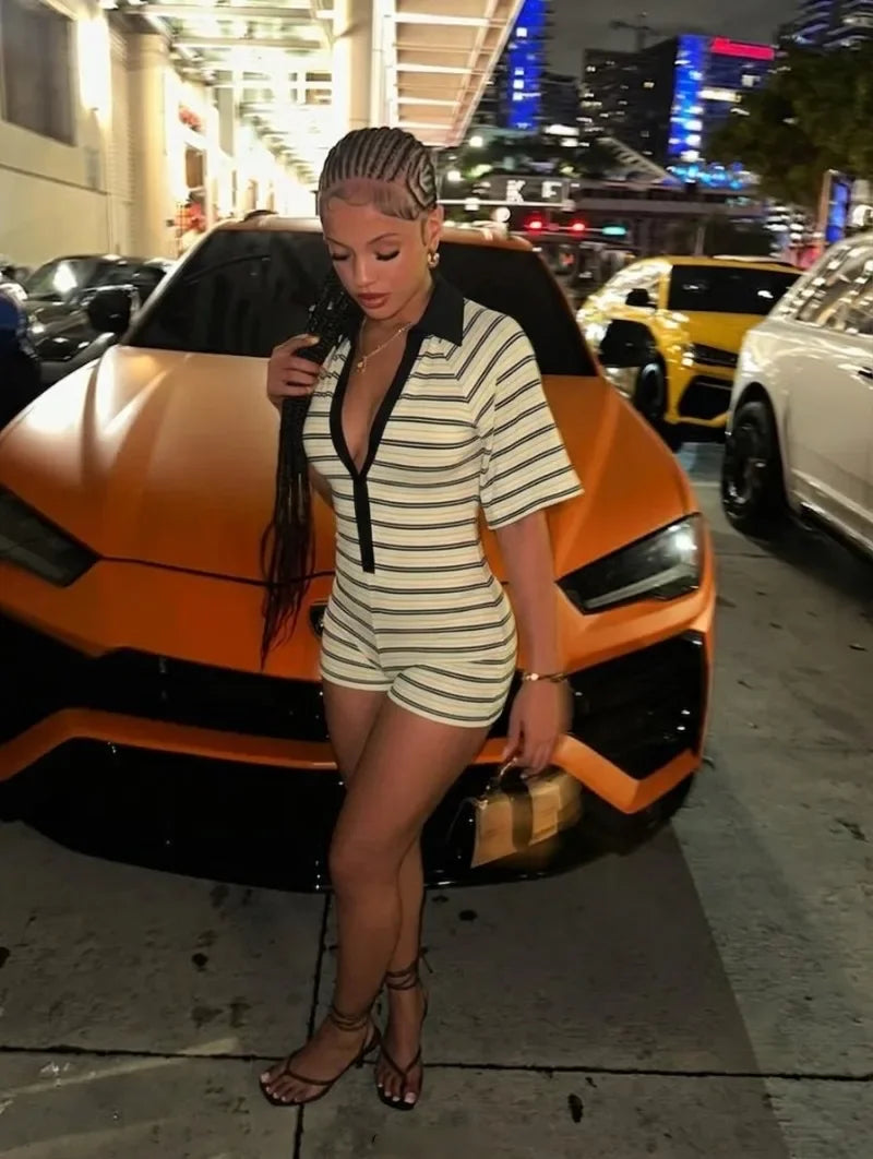 Ribbed Colorful Stripes Skinny Playsuits Women Fashion Casual Buttons V-neck Lapel Collar Short Sleeve Slim Streetwear Rompers