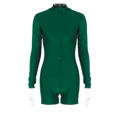 Hugcitar Solid Turtleneck Long Sleeve Zip Up Sexy Slim Skinny One Piece Playsuit 2024 Fall Women Fashion Streetwear Party Romper