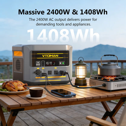 VTOMAN FlashSpeed 2400 Portable Power Station 2400W 1408Wh LiFePO4 Battery UPS Uninterruptible Power Supply,Max 600W Solar Input, Expandable to 2688Wh, 12 Devices Output, Car Jump Starter for Camping Home Emergency Backup Pow
