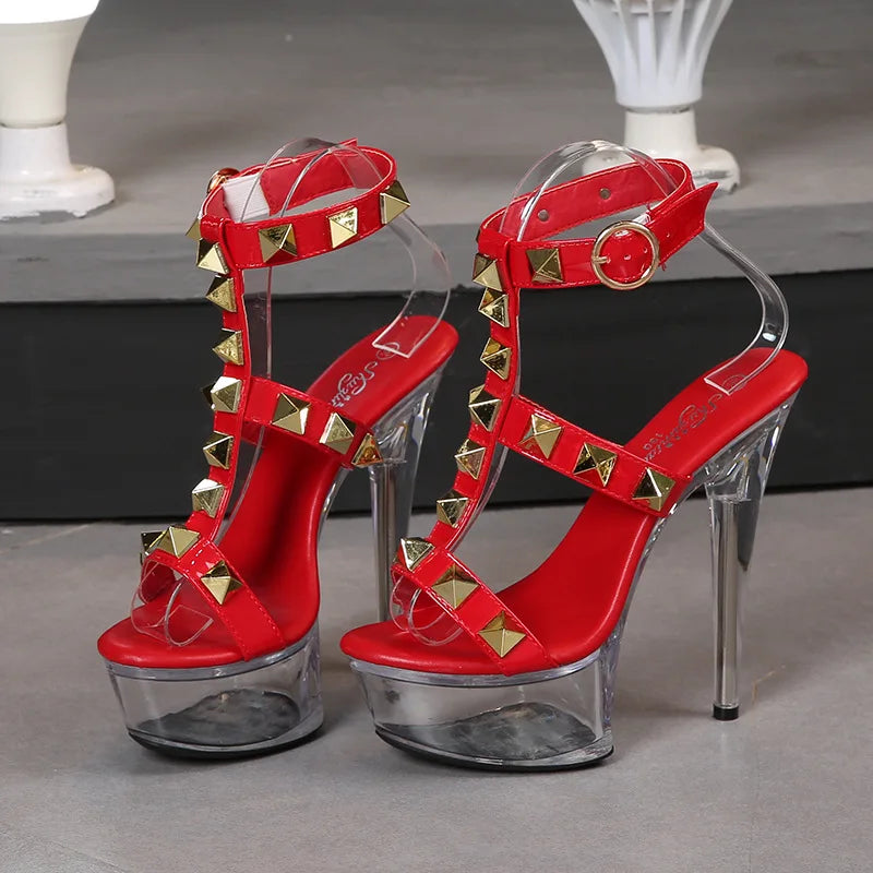 Women's Platform Sandals Rivet Pull Sandals Transparent High Heel 13CM Slim Heel Summer Waterproof Table LFD-1099-36
