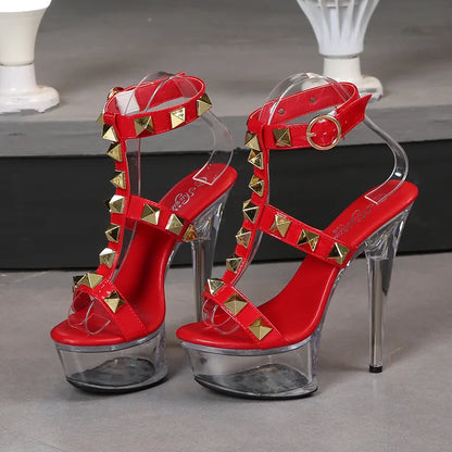 Women's Platform Sandals Rivet Pull Sandals Transparent High Heel 13CM Slim Heel Summer Waterproof Table LFD-1099-36