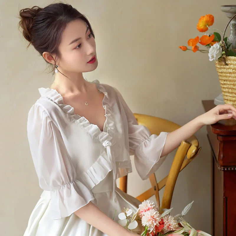 Spring, Summer, and Autumn Chiffon Lace Up Shirt, Shawl, Camisole, Thin Design, Sexy Solid Color, Loose Fit, Sweet Matching, Wed
