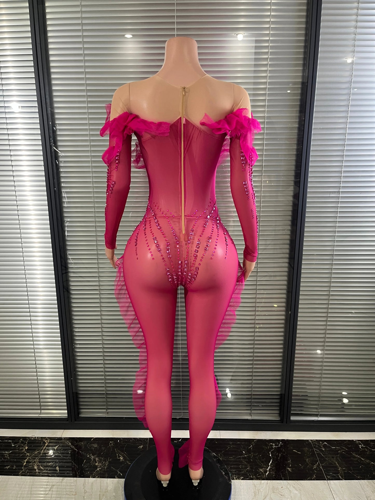 Luxury Rhinestone Mesh Bodysuit Ruffle Frill and Asymmetrical Design Formal Events Photoshoots Stage Performance Party Outfit