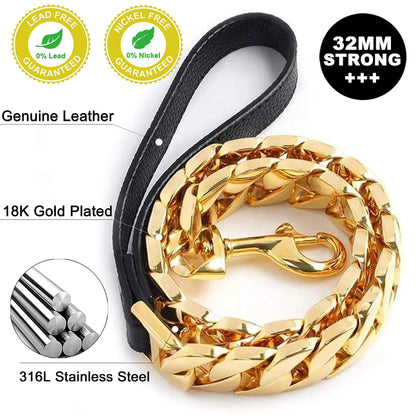 Traction Solid Super Strong Gold Collar Stainles Steel Dog Leash Pet Lead Chain 32mm 19mm Bulldog Pitbull Large Dog Collar Leash