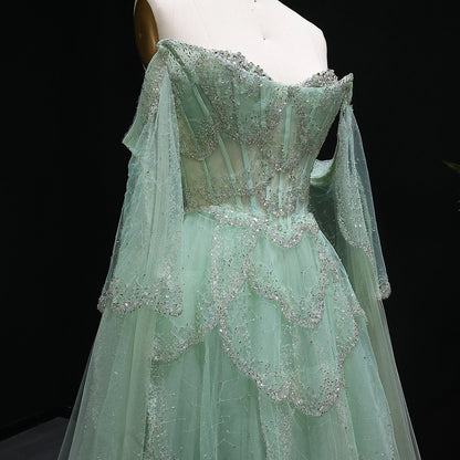 Sharon Said Elegant Off Shoulder Sage Green Evening Dress with Cape Sleeves Sweetheart Luxury for Weddig Party SS215 Customized