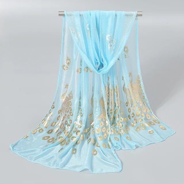 Women Glitter Thin Muffler Solid Color  Elegant Hijab Scarf Chiffon Long Scarves Gold Peacock Print Wrap Shawl Georgette Scarf