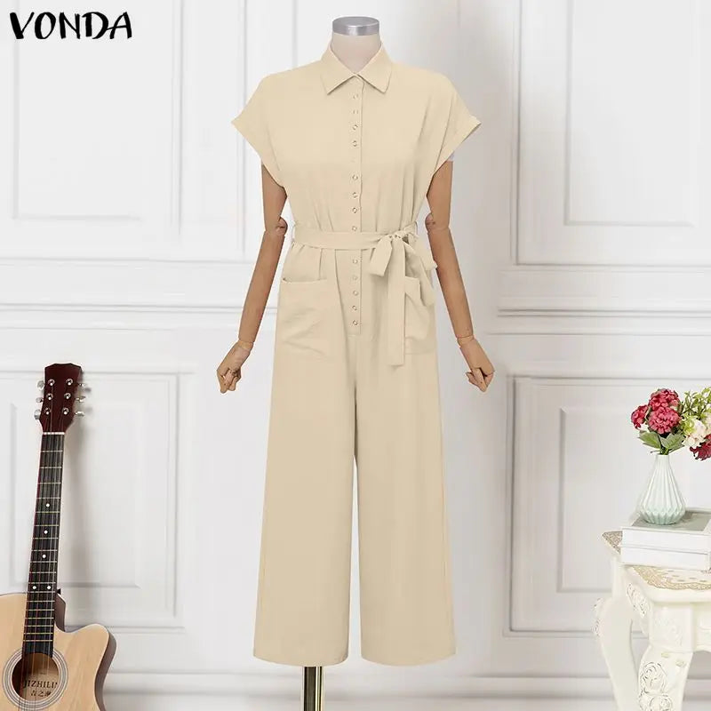 Plus Size VONDA Summer Vacation Style Jumpsuits Women Elegant Solid Color Long Overalls Short Sleeve Elegant Belts Playuits