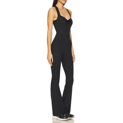 Women's Cleanfit Sleeveless Slim Fit Jumpsuit Lace Trim Patchwork Ruched V-Neck Back Cross Flare Long Pants Rompers