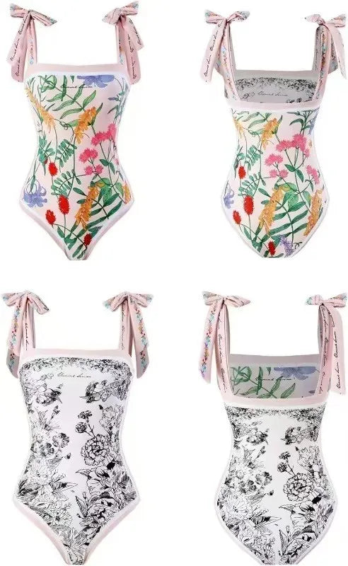 Women's Retro Double Sided Print Sweetheart Neck Tie Back Sleeveless One Piece Swimsuit Tankini Tankinis Dames Tankini Woman