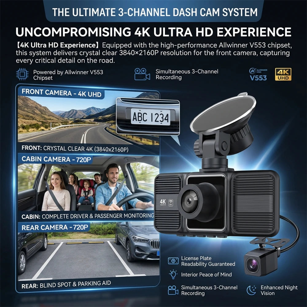 4K Dash Cam 3 Lens Driving Recorder WiFi Car DVR Front Inside Rear Triple Camera 2160P UHD Video Recorder 24H Parking Monitor