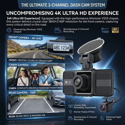4K Dash Cam 3 Lens Driving Recorder WiFi Car DVR Front Inside Rear Triple Camera 2160P UHD Video Recorder 24H Parking Monitor