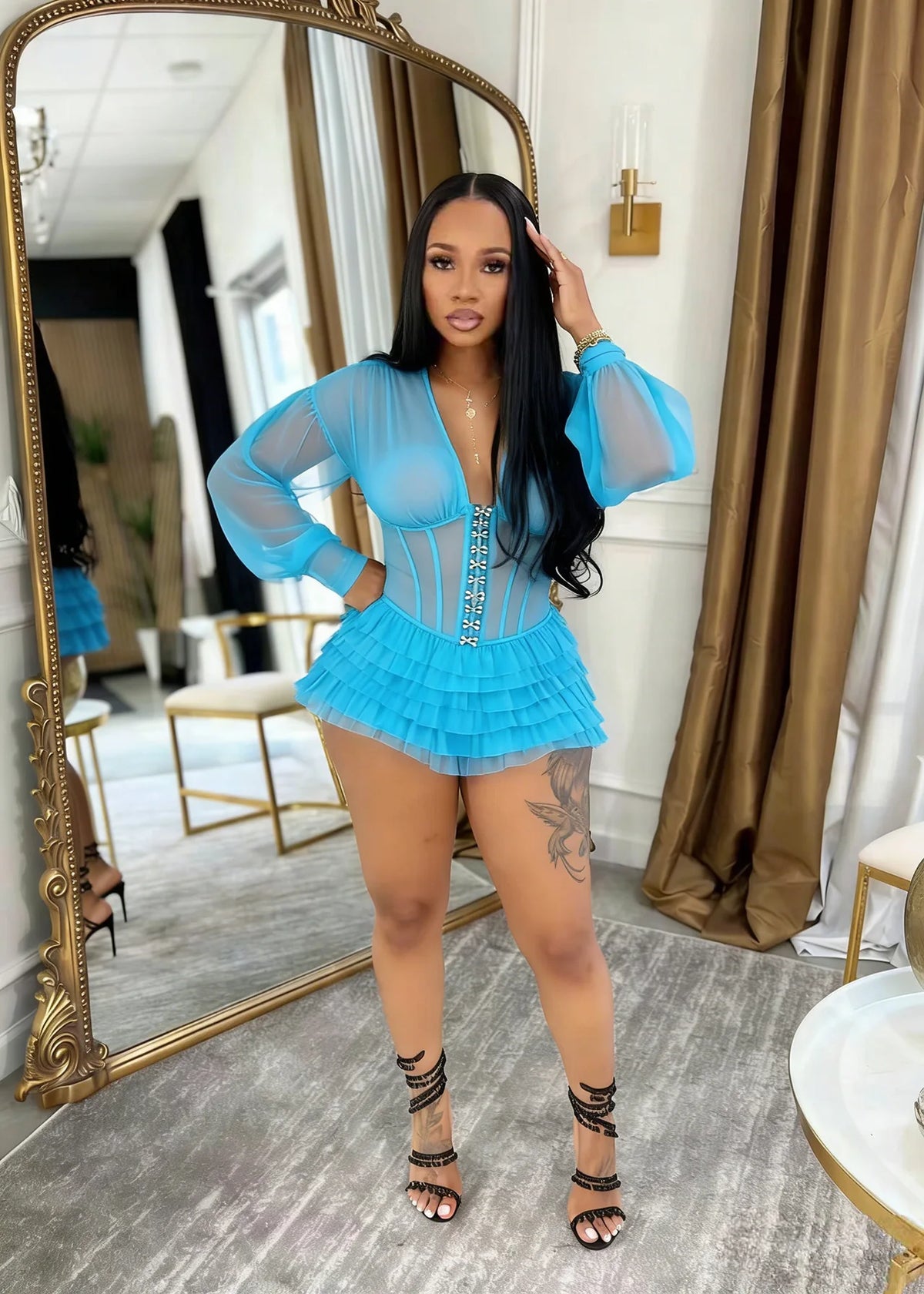 Boho Summer Mesh Casual Playsuit Sexy Women V-neck Elegant Night Club Ruffles Romper Overalls