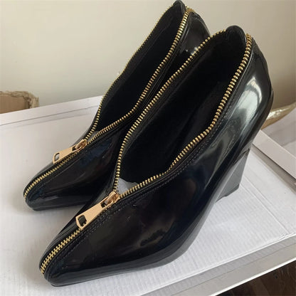 Sexy Women's Wedge High Heels Pumps Shoes Sexy Zipper Black Red White Wedges Heeled Large Size Office Party Wedding Shoes Ladies