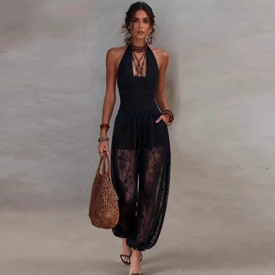 Solid Women Lace Jumpsuits For Spring Summer Sleeveless V-Neck Loose Fashion Streetwear Overalls Pants Trousers 2026
