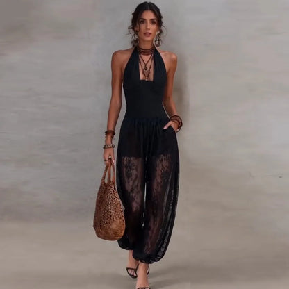 Solid Women Lace Jumpsuits For Spring Summer Sleeveless V-Neck Loose Fashion Streetwear Overalls Pants Trousers 2026