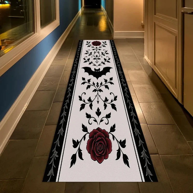 Skull Pattern Gothic Runner Rug Red Black Rose Decor Non-Slip Art Floor Mat for Hallway Living Room Bedside Home Decor Carpet