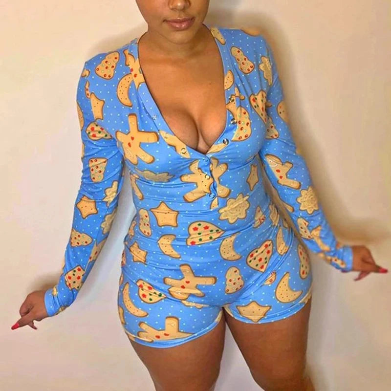 OMSJ 2024 Rompers Women Sleepwear Sky Blue Leopard Print Long Sleeve Short Jumpsuit Sexy Onesie For Adult Female Nightwear S-3XL