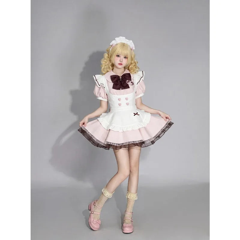 Pink Sweet Maid Lolita Full Set Ruffle Mini Dress With Apron Bow Headpiece Cosplay Costume For Halloween Party