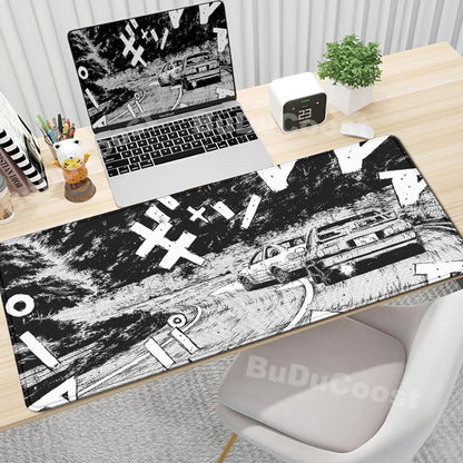 Gaming Mouse Pad Non-slip Mausepad Anime Initial D Keyboard Mats Large Office Deskmat Black And White Art Rubber Mice Pad Carpet