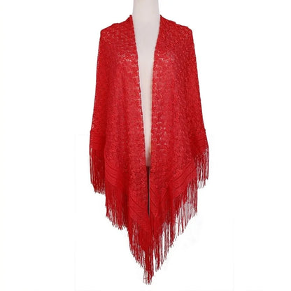 Versatile 140×140cm Lace Shawl Elegant Hollowed-out Design Knitted Shawl Breathable Tassel Shawl for Women