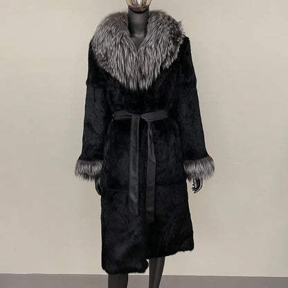 2024 New Autumn Winter Thickened Fur Coat for Women Rabbit Fur One-piece Long Style Real Fox Fur Collar Fashion Warm Coat Women