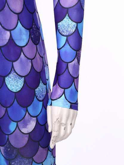 Womens Rash Guard One Piece Swimsuit Mermaid Fish Scale Print Long Sleeve Back Zipper Full Body Tops Sexy Swimwear Jumpsuit