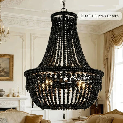 Black French Country Chandelier Large Hanging Lights Dia60 H65cm Living Room Boho Wood Bead Chandelier For Bedroom Dining Room