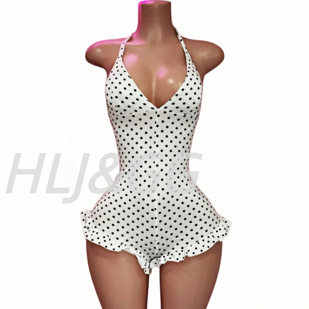 HLJ&GG Sexy Hot Girl Polka Dot Print Ruffle Bodycon One Piece Rompers Women Halter Backless Lace Up Playsuits Fashion Overalls