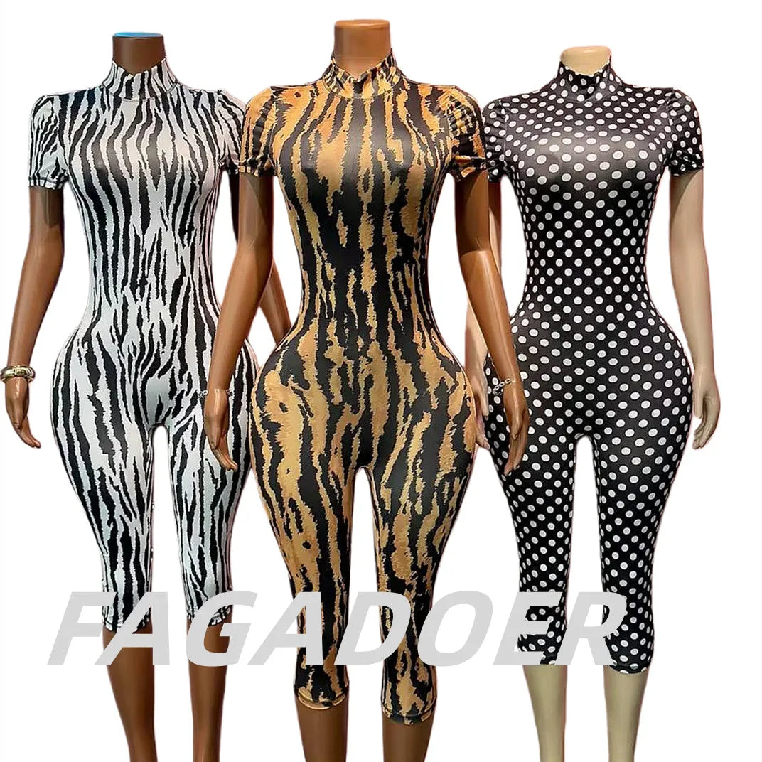 FAGADOER Fashion Zebra Pattern Bodycon Rompers Summer Sexy High Neck Back Hollow Out Jumpsuits Streetwear Party Club Playsuits