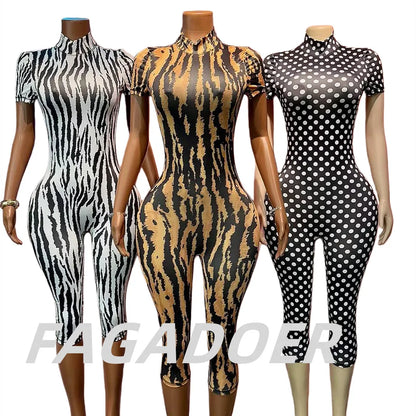 FAGADOER Fashion Zebra Pattern Bodycon Rompers Summer Sexy High Neck Back Hollow Out Jumpsuits Streetwear Party Club Playsuits