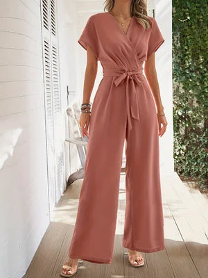 2026 Spring/Summer New Women's V-Neck Tie-Waist Jumpsuit Short Sleeve Wide-Leg Pants Jumpsuit Commuting Vacation Style Elegant Romper