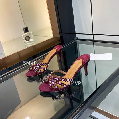 Summer 2026 Women's Pink Crystal High Heels Diamond-Encrusted Slim Heel Sandals for Outdoor Weddings Parties Fashionable Ladies'