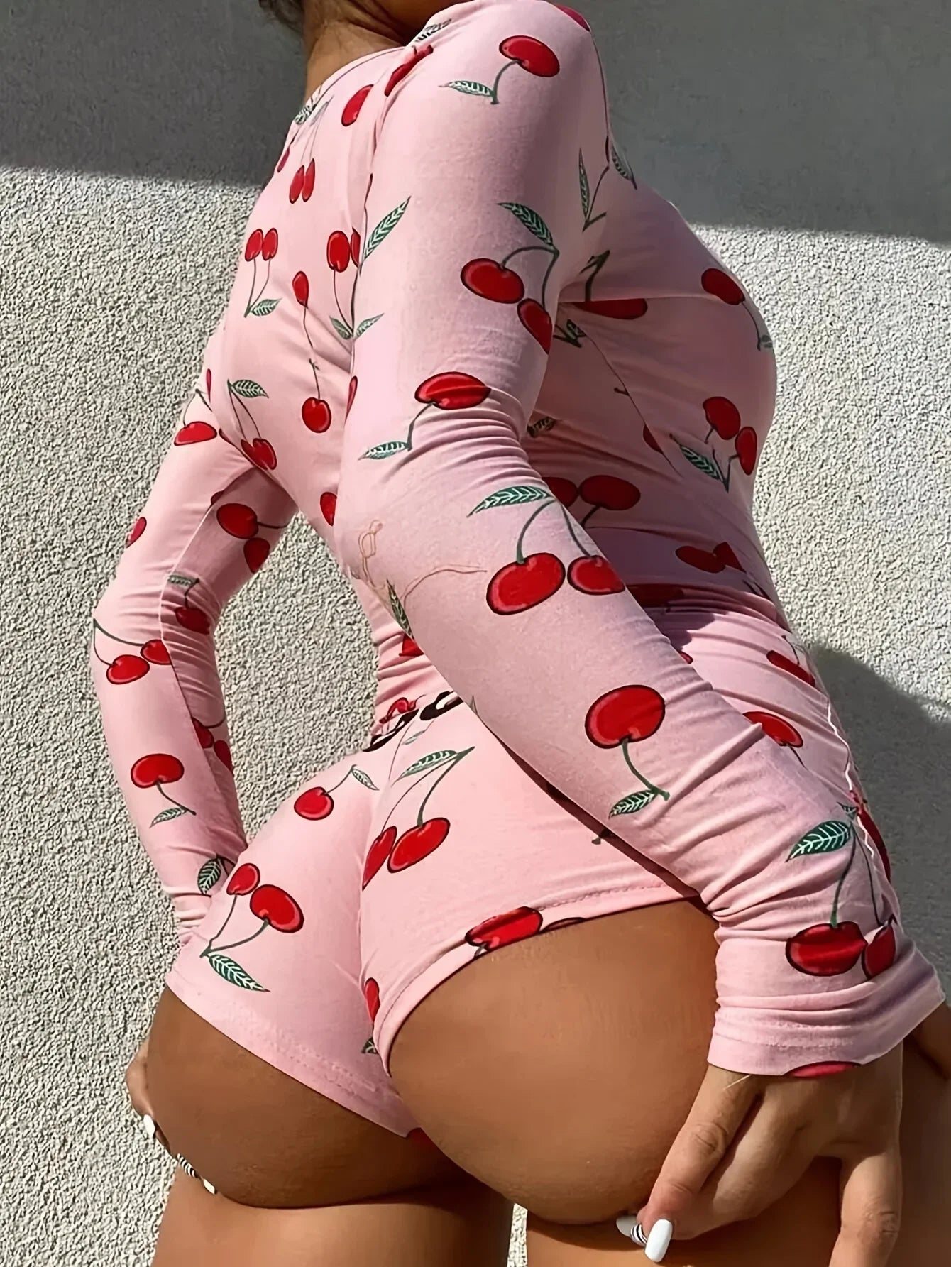 Pajamas Women's Sexy Onesies Bodysuit Casual Cherry Print V-neck Front Button Long Sleeve Slim Fit Jumpsuit Sleepwear
