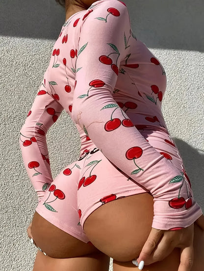 Pajamas Women's Sexy Onesies Bodysuit Casual Cherry Print V-neck Front Button Long Sleeve Slim Fit Jumpsuit Sleepwear