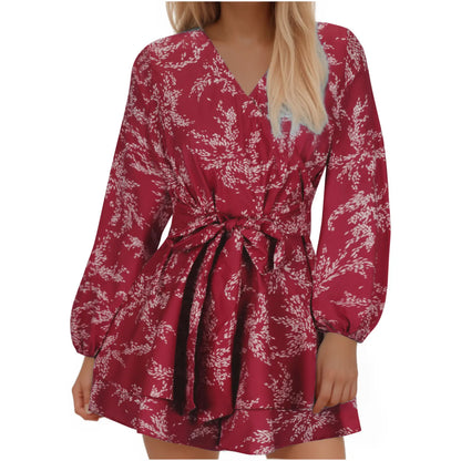 Hot-selling Women's Jumpsuits V-neck Flared Sleeves High Waist Plant Printed Pleated Lace-up Fashion High Street Playsuits