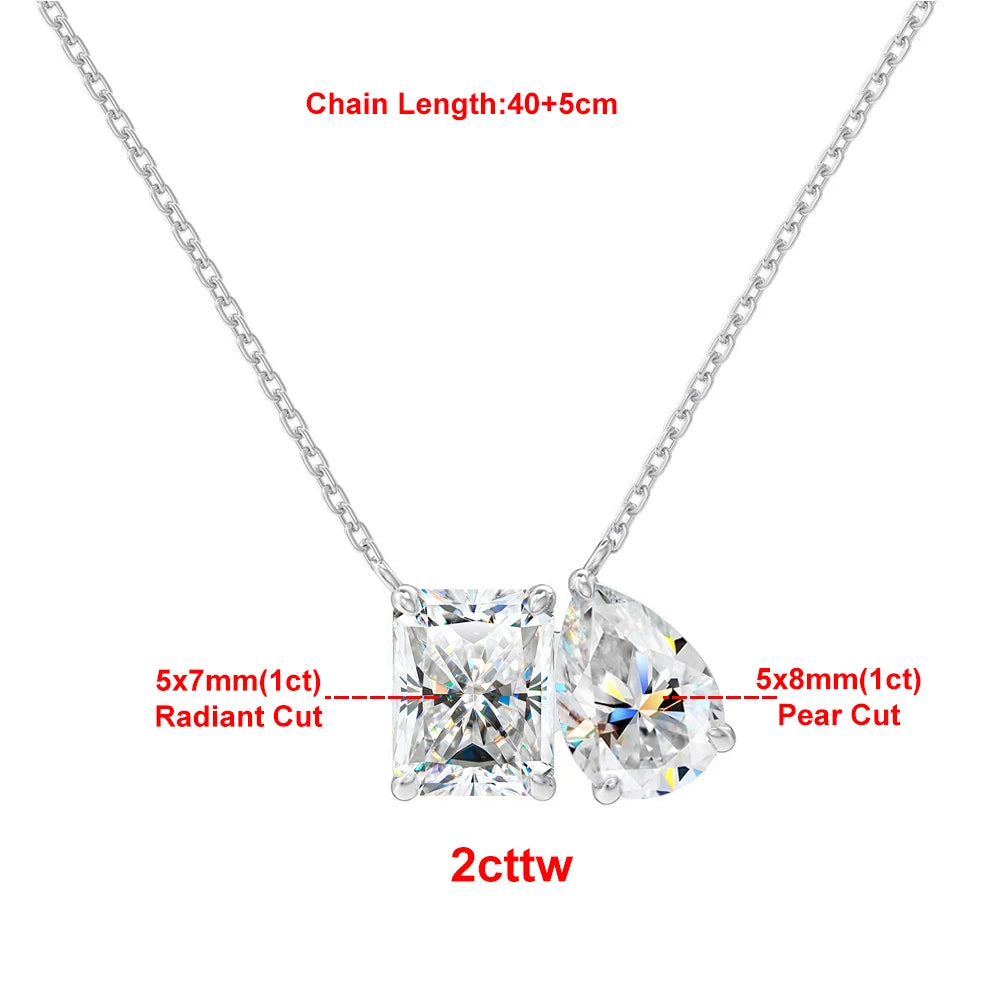925 Sterling Silver Two Stone Toi Et Moi Necklace 2/5cttw Radiant Emerald Pear Cut Moissanite Pendant Necklace Fine Jewelry Gift