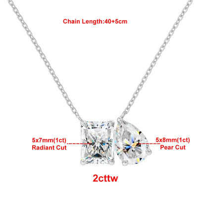 925 Sterling Silver Two Stone Toi Et Moi Necklace 2/5cttw Radiant Emerald Pear Cut Moissanite Pendant Necklace Fine Jewelry Gift