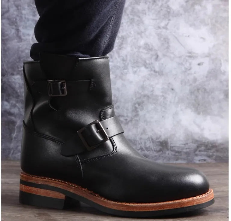 YR Best.Mens Vintage Style Engineer Boots.Quality Motor Rider Handmade Real Cowhide Shoes.Classic Genuine Leather Boots,Cool