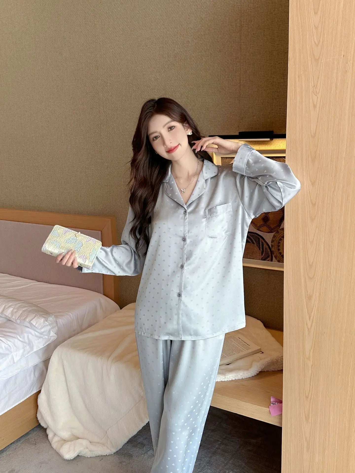 Women's New Arrival Silk-Feel Ice-Silk Lightweight Long-Sleeve Pajama Set Two-Piece Comfortable Homewear Suit