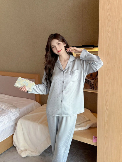 Women's New Arrival Silk-Feel Ice-Silk Lightweight Long-Sleeve Pajama Set Two-Piece Comfortable Homewear Suit