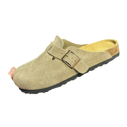 Women Men Suede Leather Clogs Adjustable Buckle Cork Footbed Non-slip Casual Mules Slippers