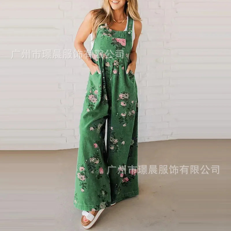 New Summer Women's Fashion Printed Wide-leg Strap Jumpsuit For Women Elegant Loose Party Holiday Casual Jumpsuits Rompers