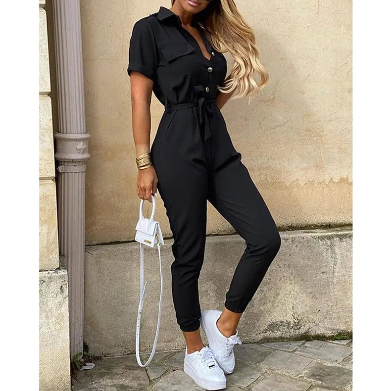 2025 New Women's Jumpsuit Casual Workwear Summer Romper with Print Button-up Lapel Waist Belt Slim Fit One Piece Pants Set Fashi
