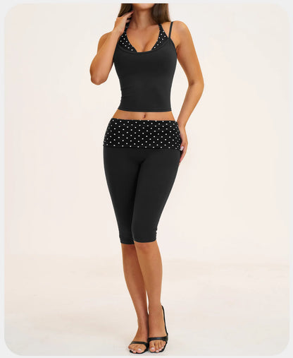 2PCS Stripes Fitness Suit Women's Tracksuits Polka Dot High Waist Workout Capri Pants Sports Set Female Yoga Sports Clothes